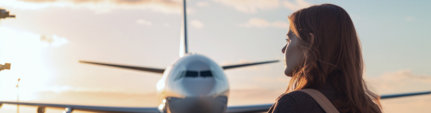 Uma garota na frente de um avião